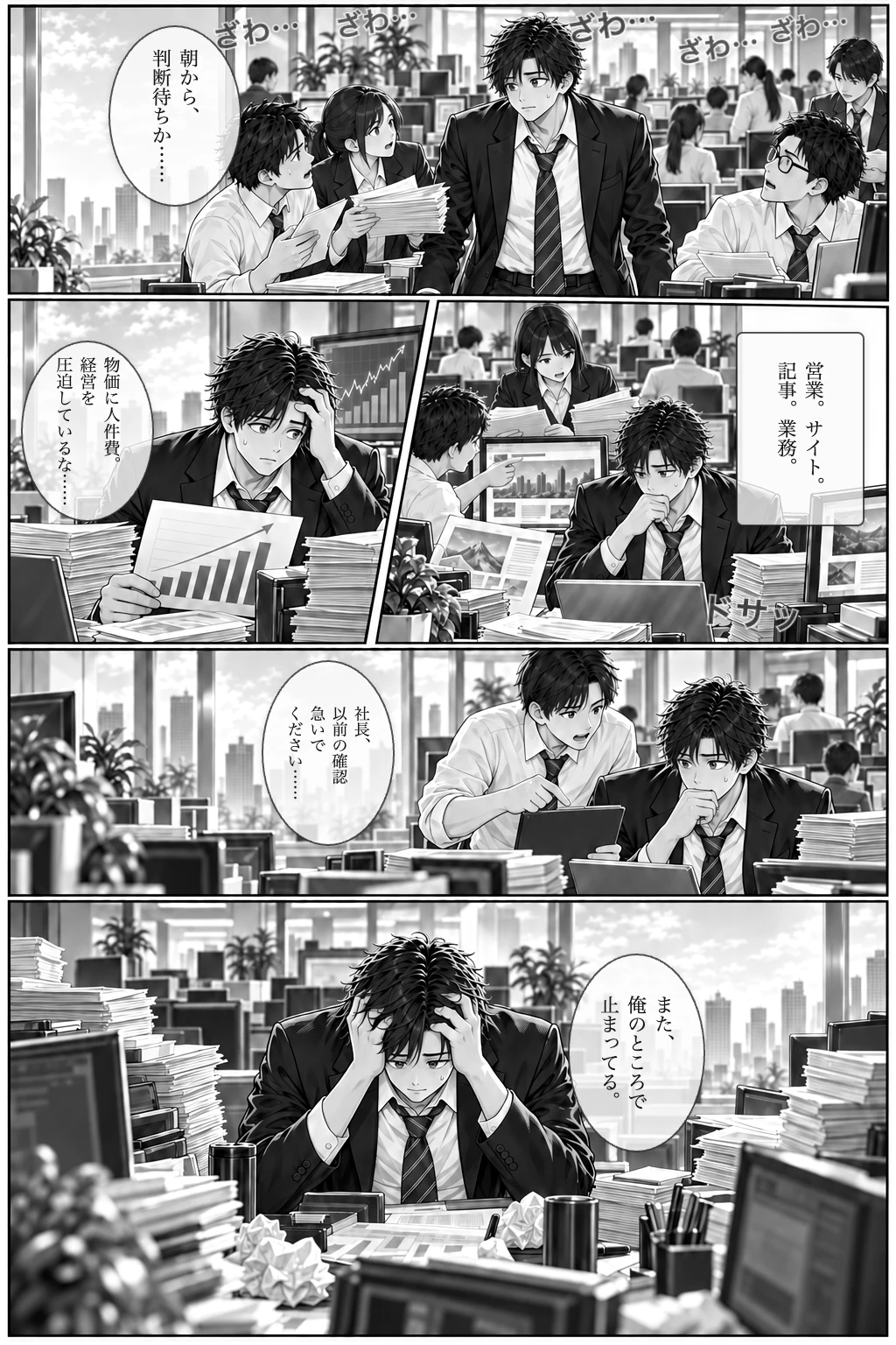 社員の判断が社長一人に集中し、業務が止まっている様子